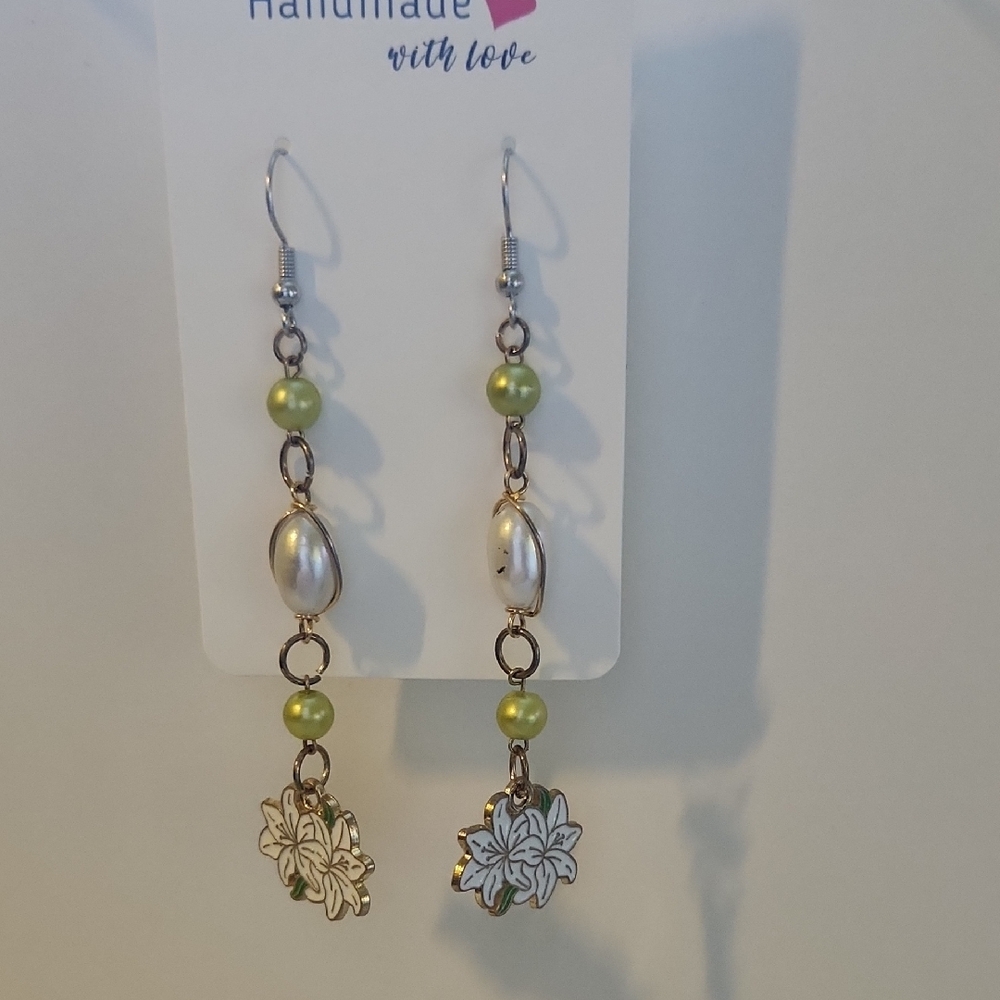 Handmade Floral Earrings with Green and Silver Accents